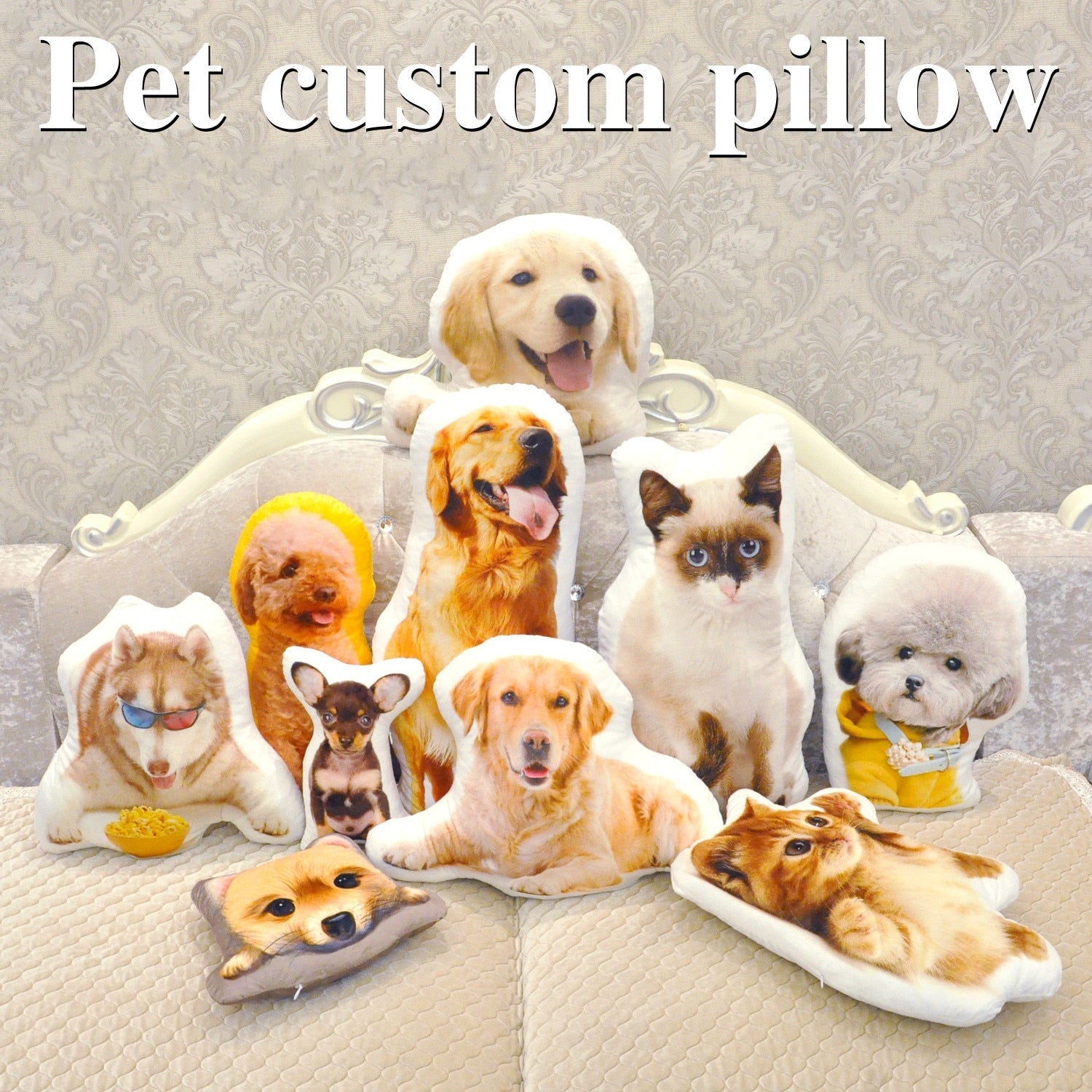 Collection of creative photo customization pillows featuring various pet designs including dogs and cats displayed on a sofa