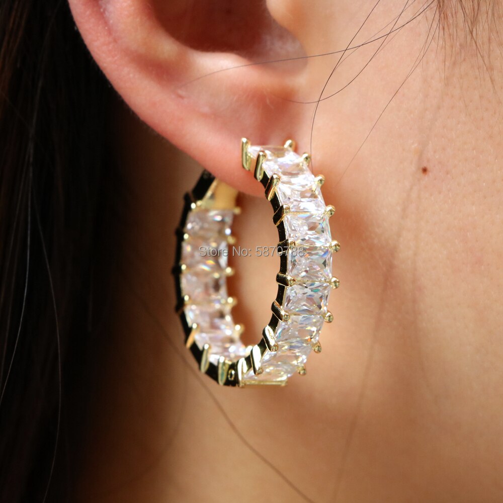 25mm Small Gold Plated Baguette Zircon Hoop Earrings Set Circle Cuff Earrings For Women