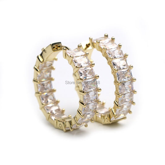 25mm Small Gold Plated Baguette Zircon Hoop Earrings Set Circle Cuff Earrings For Women