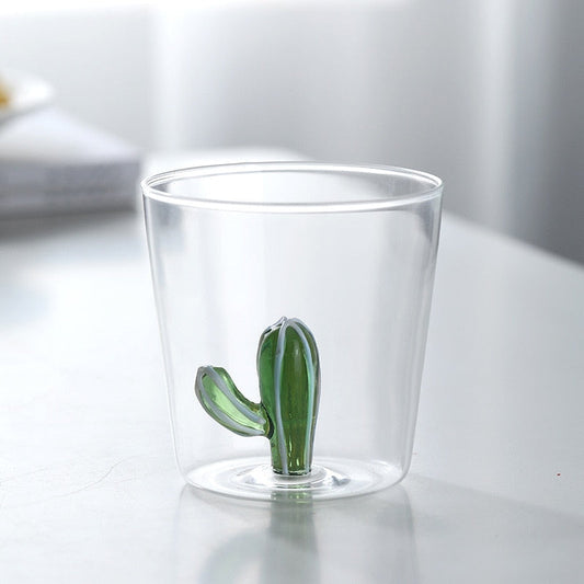 300ml embossed clear glass cup with cute green cartoon cactus inside, heat-resistant and handmade