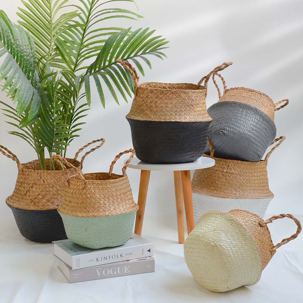 14 Colors Panier Osier Foldable Handmade Storage Basket Wicker Rattan Seagrass Straw Flower Pot Laundry Basket Cestas Mimbre