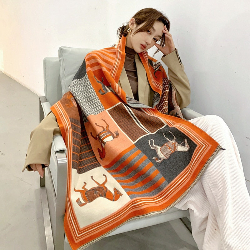 Luxury winter cashmere scarf women 2022 design warm pashmina blanket with printed horse pattern in orange and brown tones