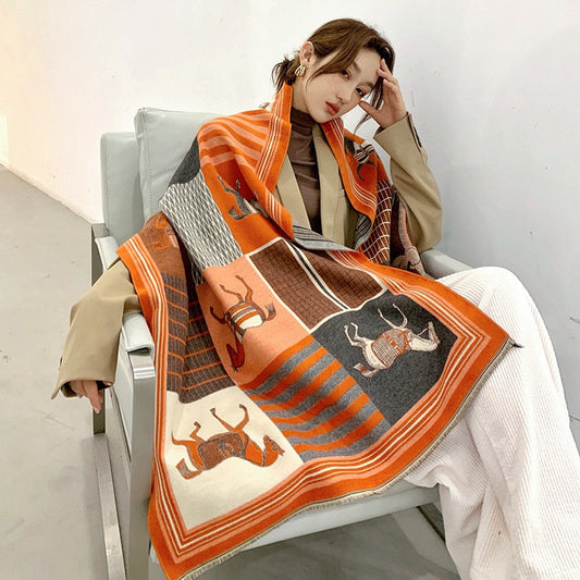 Luxury winter cashmere scarf women 2022 design warm pashmina blanket with printed horse pattern in orange and brown tones