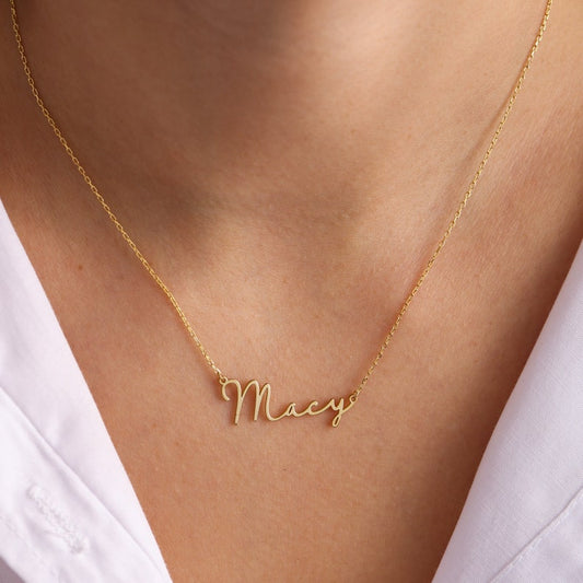 Personalized custom signature gold nameplate necklace for women with cursive letter pendant on delicate chain