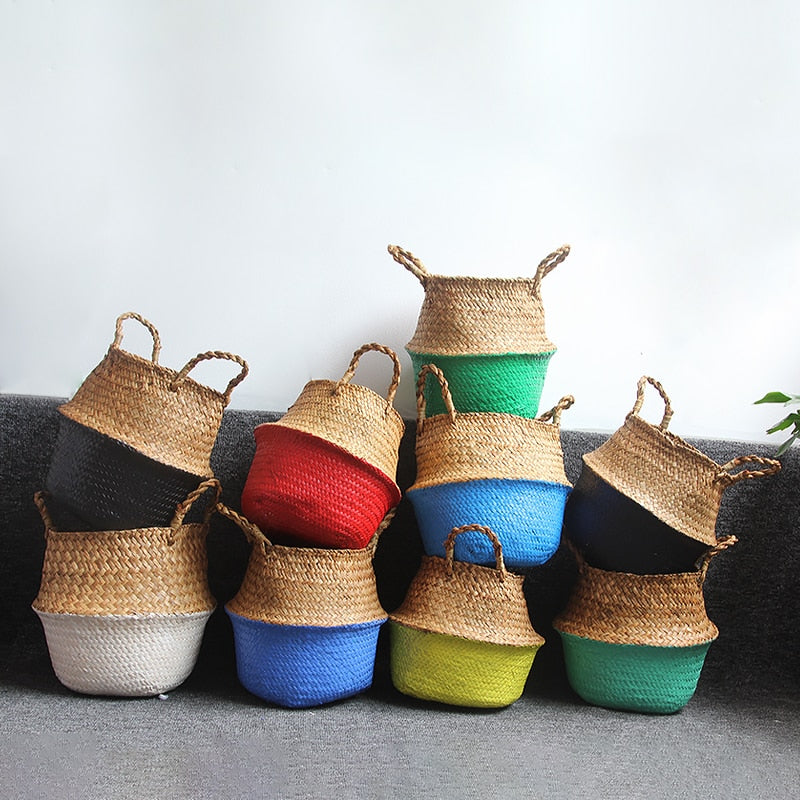 14 Colors Panier Osier Foldable Handmade Storage Basket Wicker Rattan Seagrass Straw Flower Pot Laundry Basket Cestas Mimbre