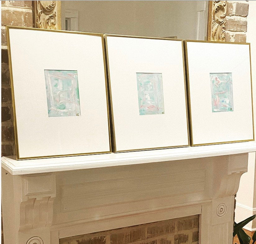 Custom Set of 3 Abstract Paintings (5”x7”) Framed in 16”x20” Gold Metal Gallery Frames