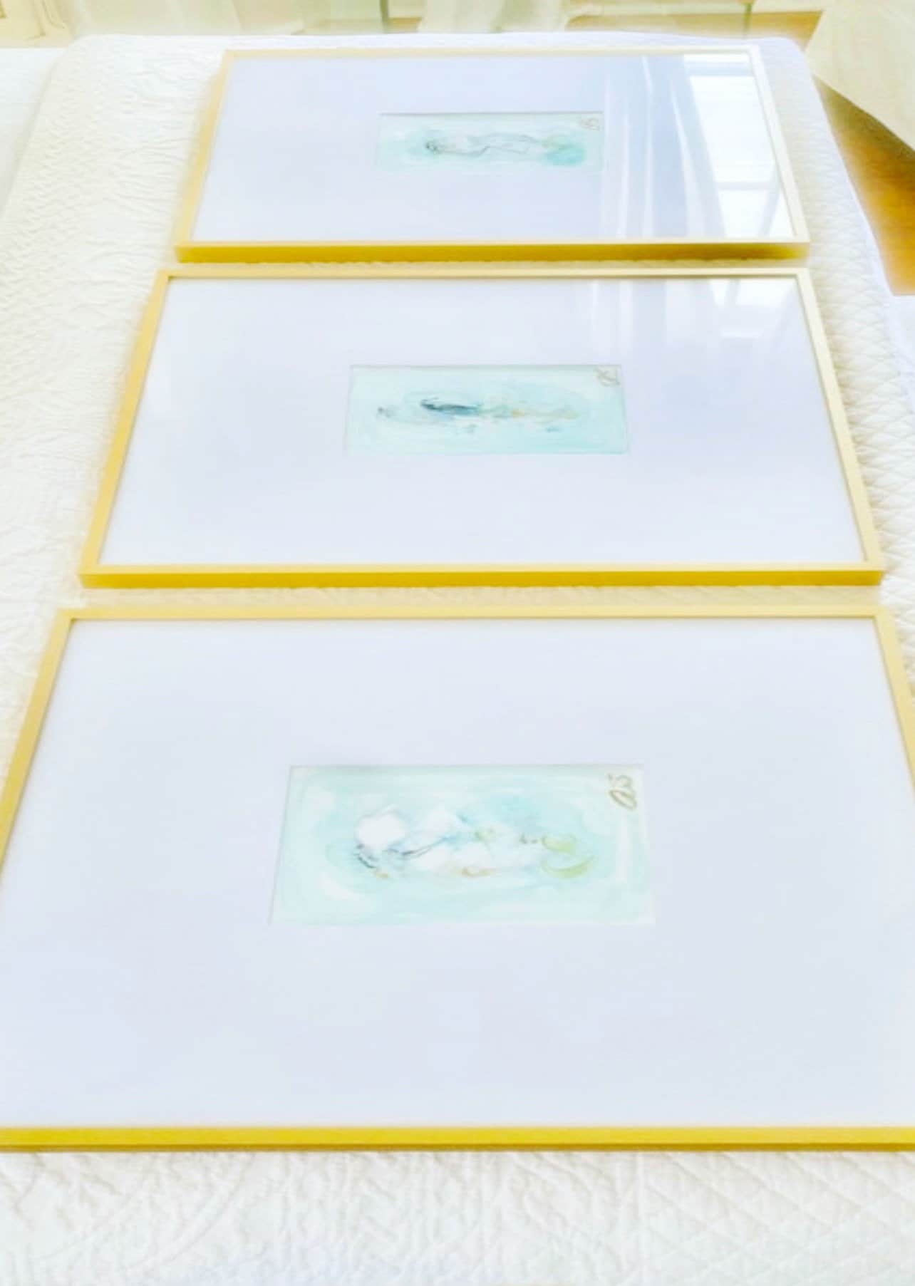 Custom Set of 3 Abstract Paintings (5”x7”) Framed in 16”x20” Gold Metal Gallery Frames